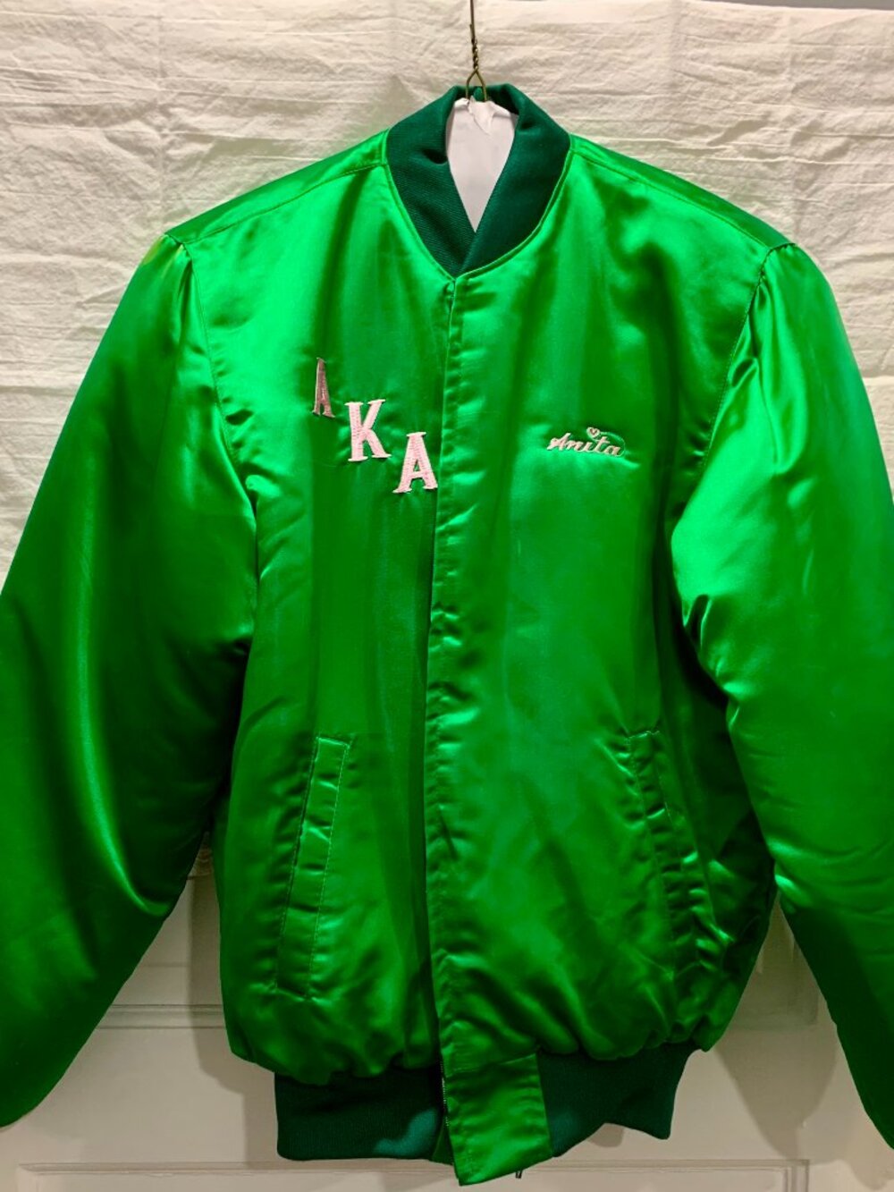 Alpha Kappa Alpha Satin Bomber Jacket – Bold Embroidery, Green & Pink AKA Style